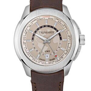 TRUSSARDI OROLOGI T01 GMT 3H BROWN DIAL BROWN STRAP R2451100001 DATE WATCH